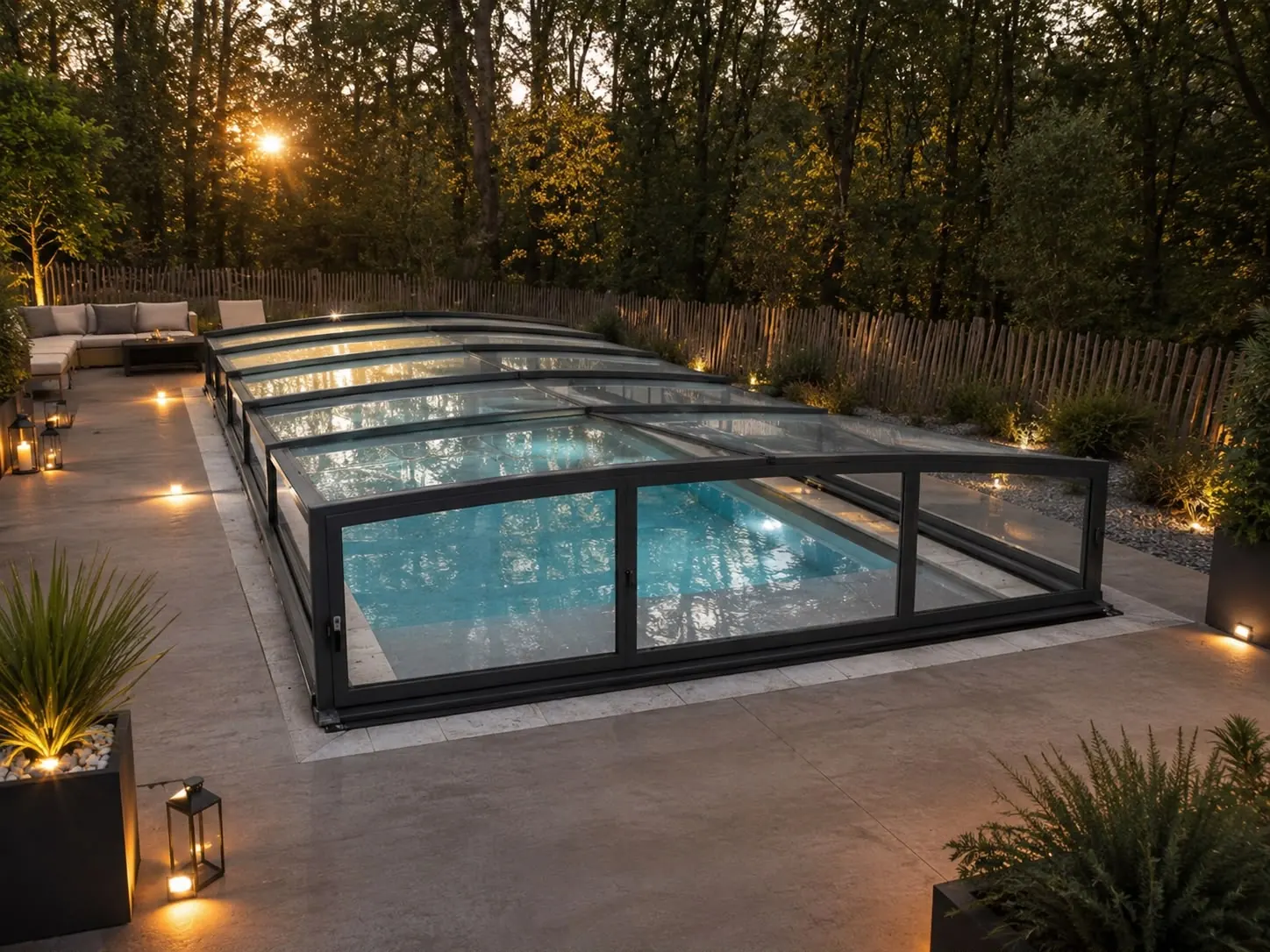 Abri de piscine installé autour d’un bassin extérieur à Puycelsi